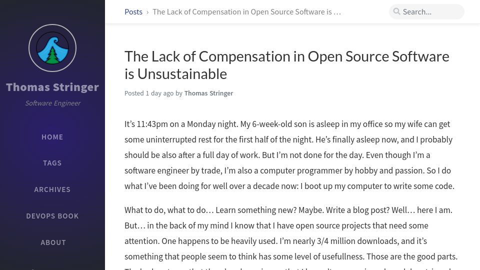 Screenshot of trstringer.com: The Lack of Compensation in Open Source Software Is Unsustainable
