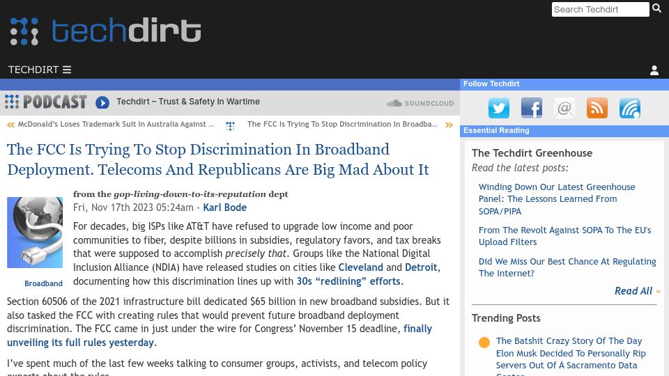 Screenshot of techdirt.com: FCC Is Trying to Stop Discrimination in Broadband Deployment. Telecoms Are Mad