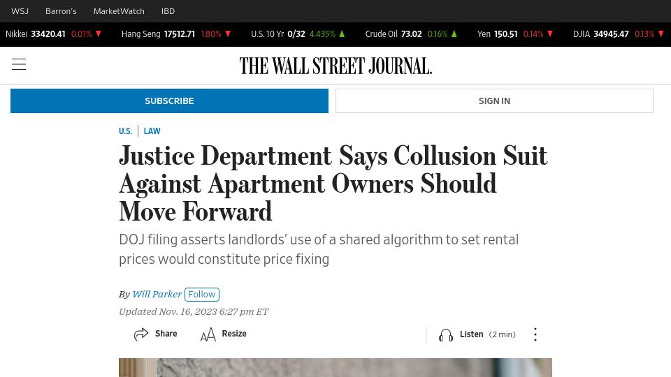 Screenshot of wsj.com: Justice Dept Says Collusion Suit Against Apartment Owners Should Move Forward