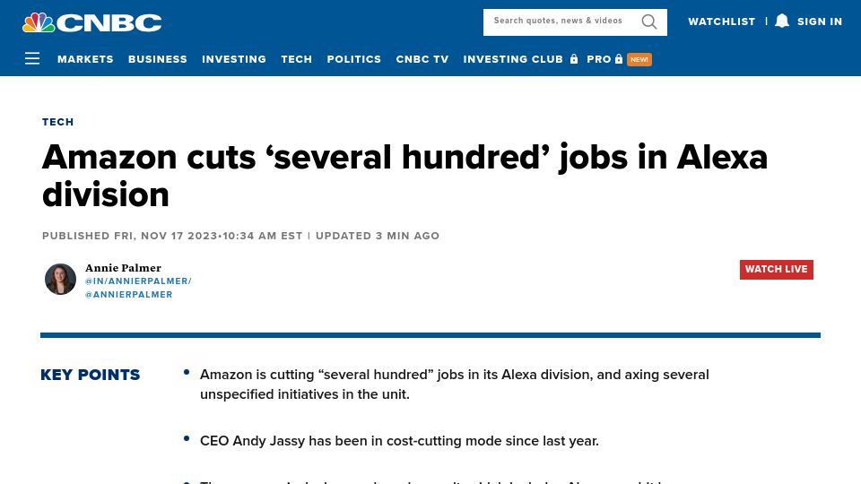 Screenshot of cnbc.com: Amazon cuts 'several hundred' jobs in Alexa division