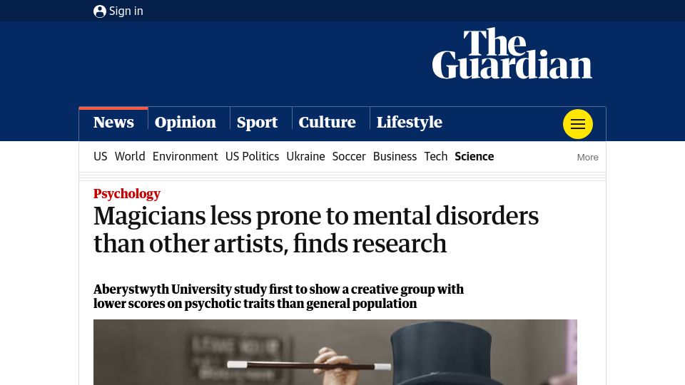 Screenshot of theguardian.com: Magicians less prone to mental disorders than other artists, finds research