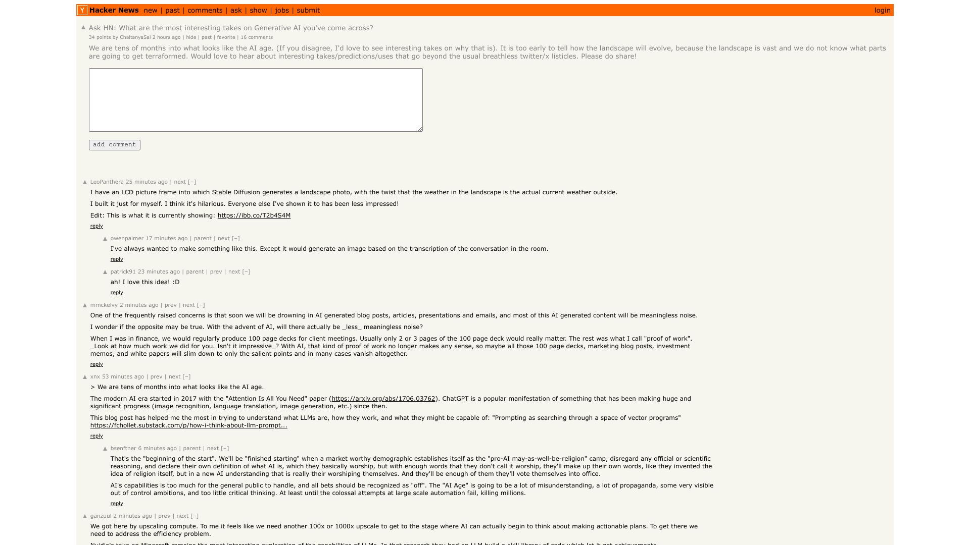 Screenshot of this Hacker News post: Ask HN: What are the most interesting takes on Generative AI you've come across?