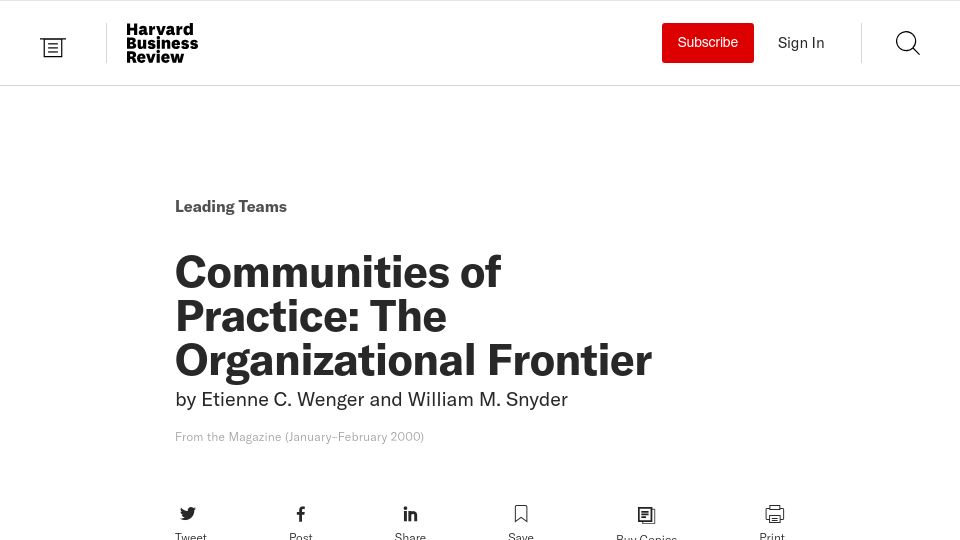 Screenshot of hbr.org: Communities of Practice: The Organizational Frontier (2000)