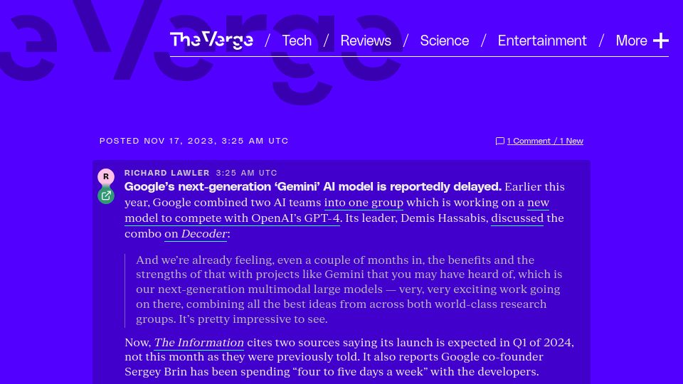 Screenshot of theverge.com: Google's Gemini model is delayed