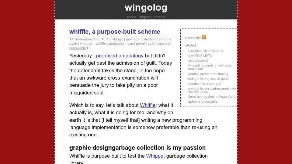 Screenshot of wingolog.org: Whiffle: A Purpose-Built Scheme