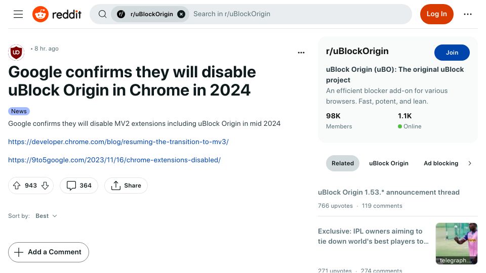 Screenshot of sh.reddit.com: Google confirms they will disable uBlock Origin in Chrome in 2024