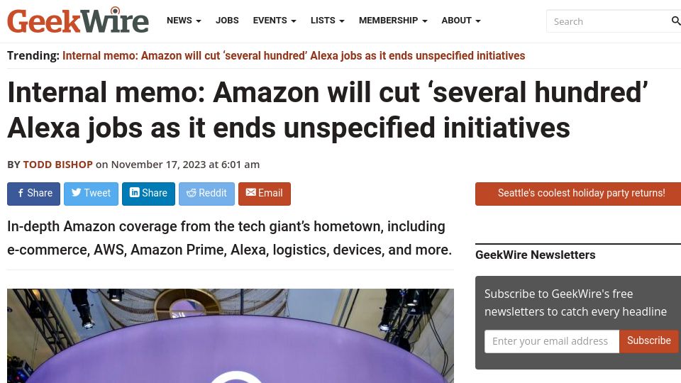 Screenshot of geekwire.com: Amazon will cut 'several hundred' Alexa jobs as it ends unspecified initiatives