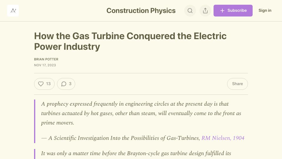 Screenshot of construction-physics.com: How the gas turbine conquered the electric power industry