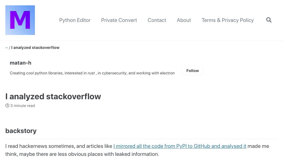 Screenshot of matan-h.com: I analyzed Stack Overflow for secrets
