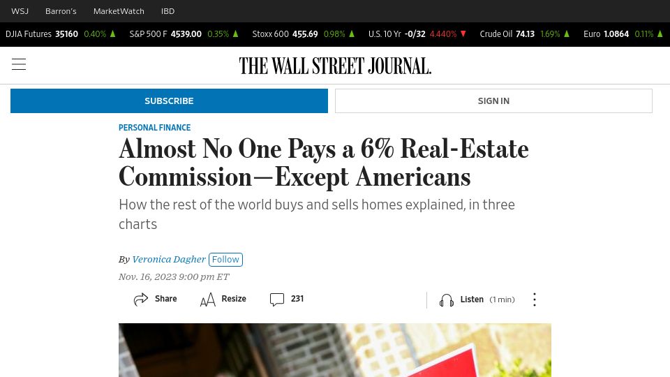 Screenshot of wsj.com: Almost no one pays a 6% real-estate commission except Americans