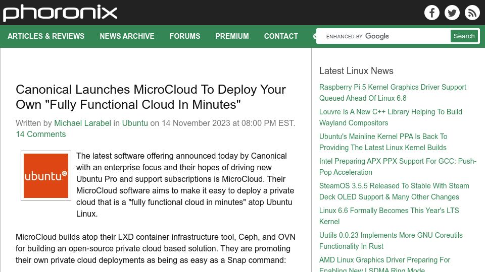 Screenshot of phoronix.com: Canonical Launches MicroCloud to Deploy Your Own "Fully Functional Cloud"