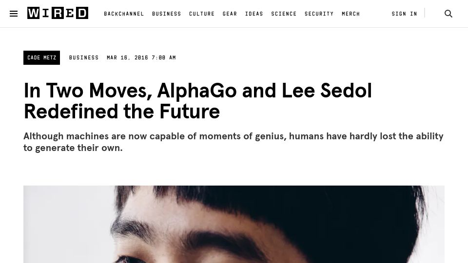 Screenshot of wired.com: In two moves, AlphaGo and Lee Sedol redefined the future (2016)