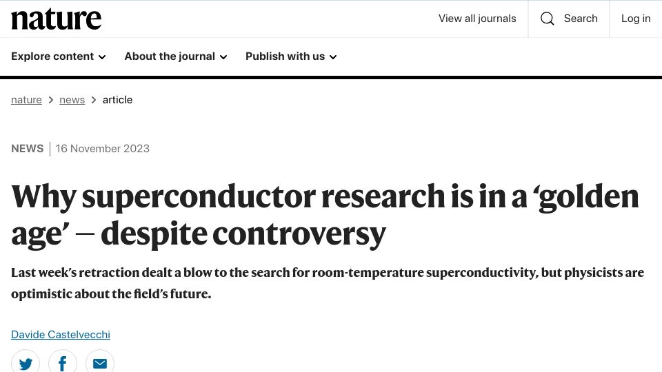 Screenshot of nature.com: Why superconductor research is in a 'golden age' – despite controversy