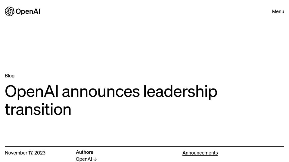 Screenshot of openai.com: OpenAI's board has fired Sam Altman