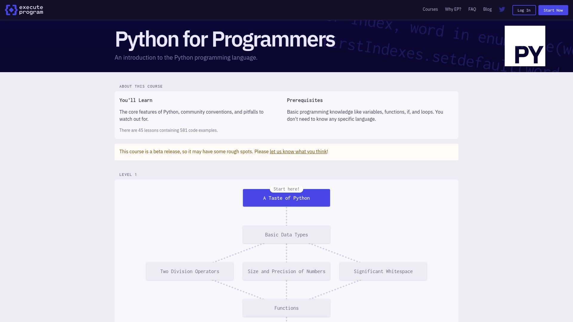 Screenshot of executeprogram.com: Show HN: Beta test Execute Program's interactive "Python for Programmers" course