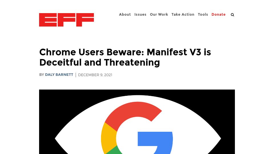 Screenshot of eff.org: Chrome Users Beware: Manifest V3 Is Deceitful and Threatening – EFF (2021)