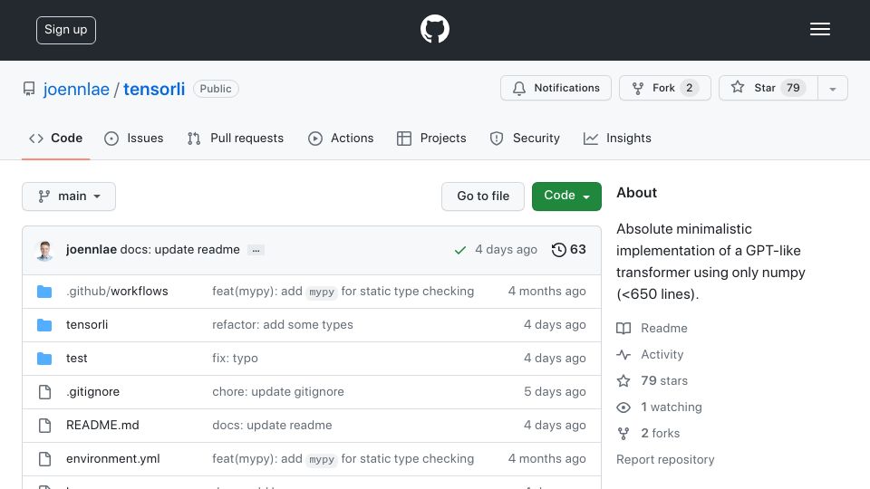 Screenshot of github.com: Show HN: less than 650 LOC trainable GPT only using NumPy