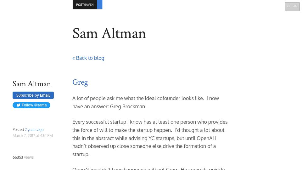 Screenshot of blog.samaltman.com: Greg (2017)