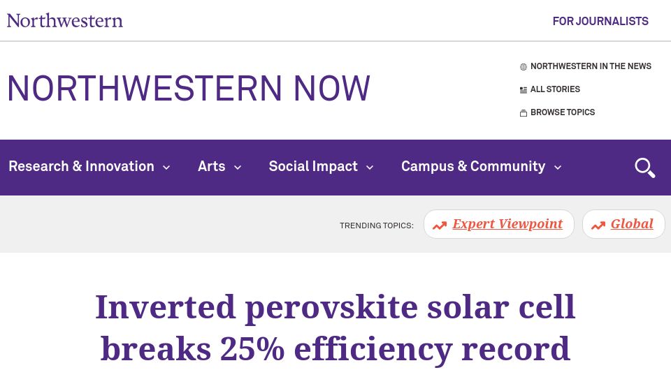 Screenshot of news.northwestern.edu: Inverted perovskite solar cell breaks 25% efficiency record