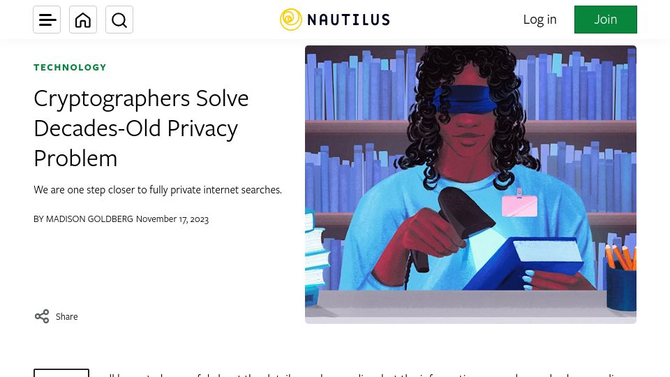 Screenshot of nautil.us: Cryptographers solve decades-old privacy problem