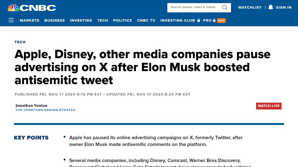 Screenshot of cnbc.com: Apple, Disney, Warner, Paramount Global and Lionsgate Pause Advertising on X