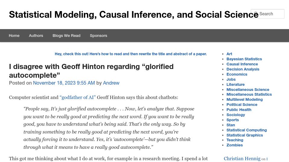 Screenshot of statmodeling.stat.columbia.edu: I disagree with Geoff Hinton regarding "glorified autocomplete"