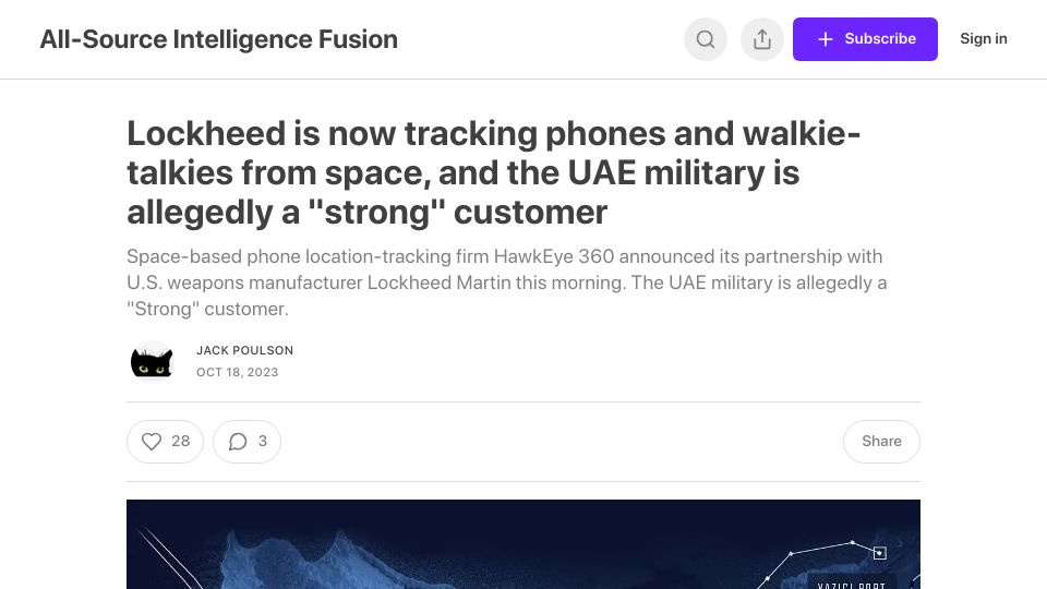 Screenshot of jackpoulson.substack.com: Lockheed is now tracking phones and walkie-talkies from space