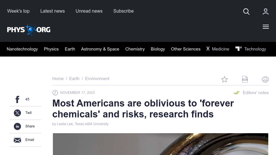 Screenshot of phys.org: Most Americans are oblivious to 'forever chemicals' and risks, research finds