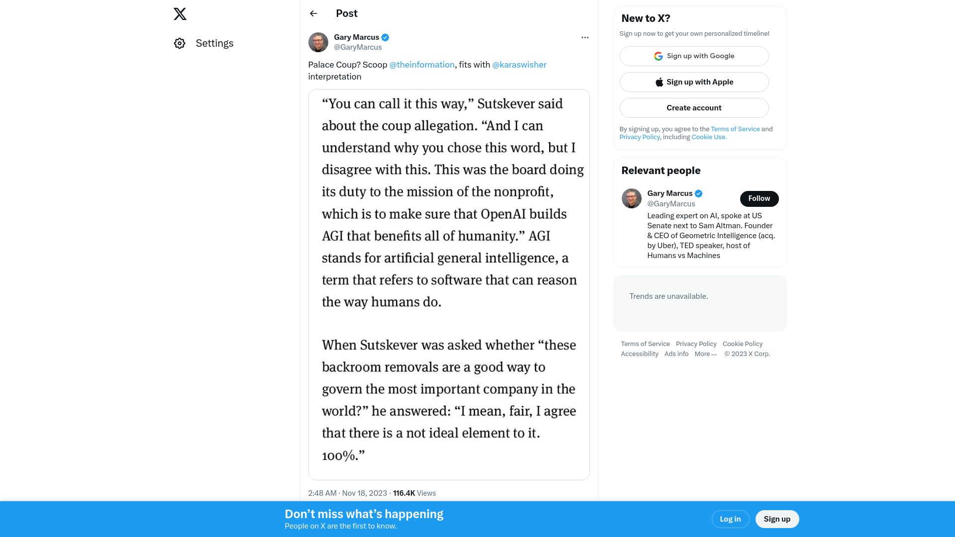 Screenshot of twitter.com: Sutskever: OpenAI board doing its mission to build AGI that benefits all