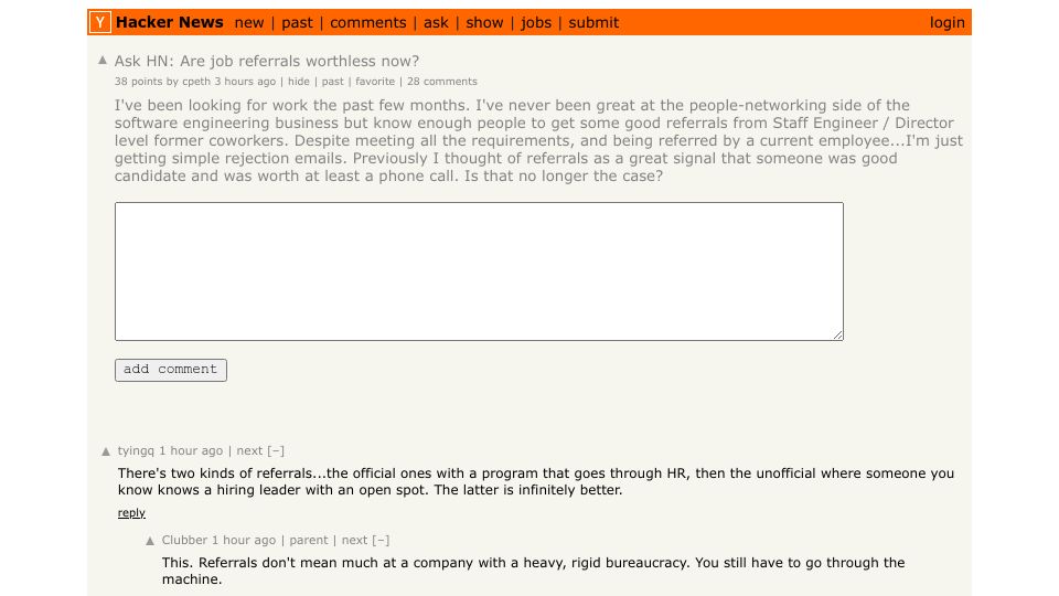 Screenshot of Hacker News post: Ask HN: Are job referrals worthless now?