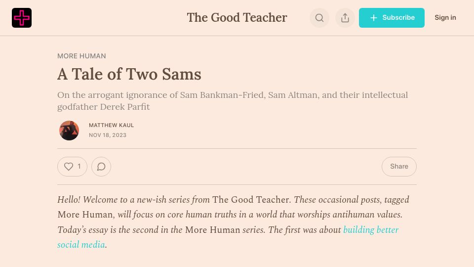 Screenshot of goodteacher.substack.com: A Tale of Two Sams
