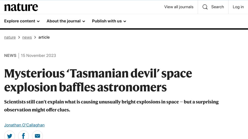 Screenshot of nature.com: Mysterious 'Tasmanian devil' space explosion baffles astronomers