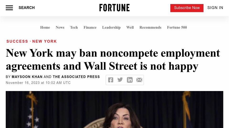 Screenshot of fortune.com: New York may ban noncompete employment agreements and Wall Street is not happy