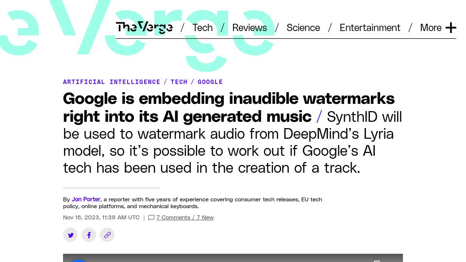 Screenshot of theverge.com: Google is embedding inaudible watermarks into its AI generated music