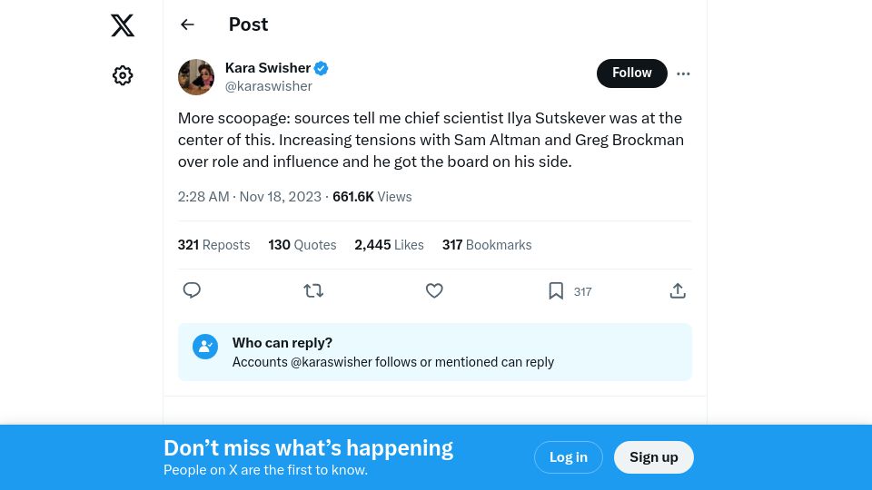 Screenshot of twitter.com: Ilya Sutskever "at the center" of Altman firing?