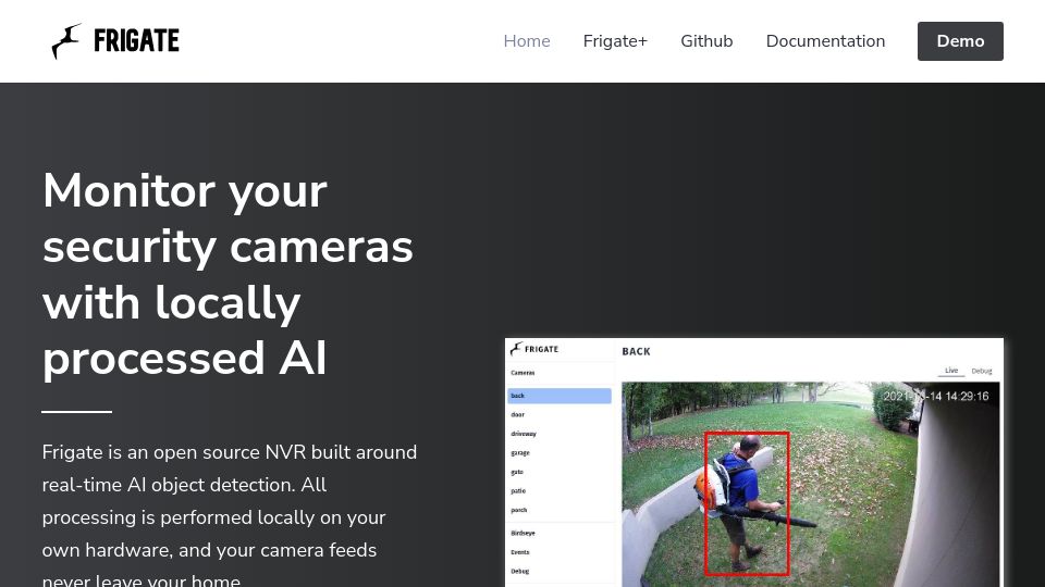 Screenshot of frigate.video: Frigate: Open-source network video recorder with real-time AI object detection