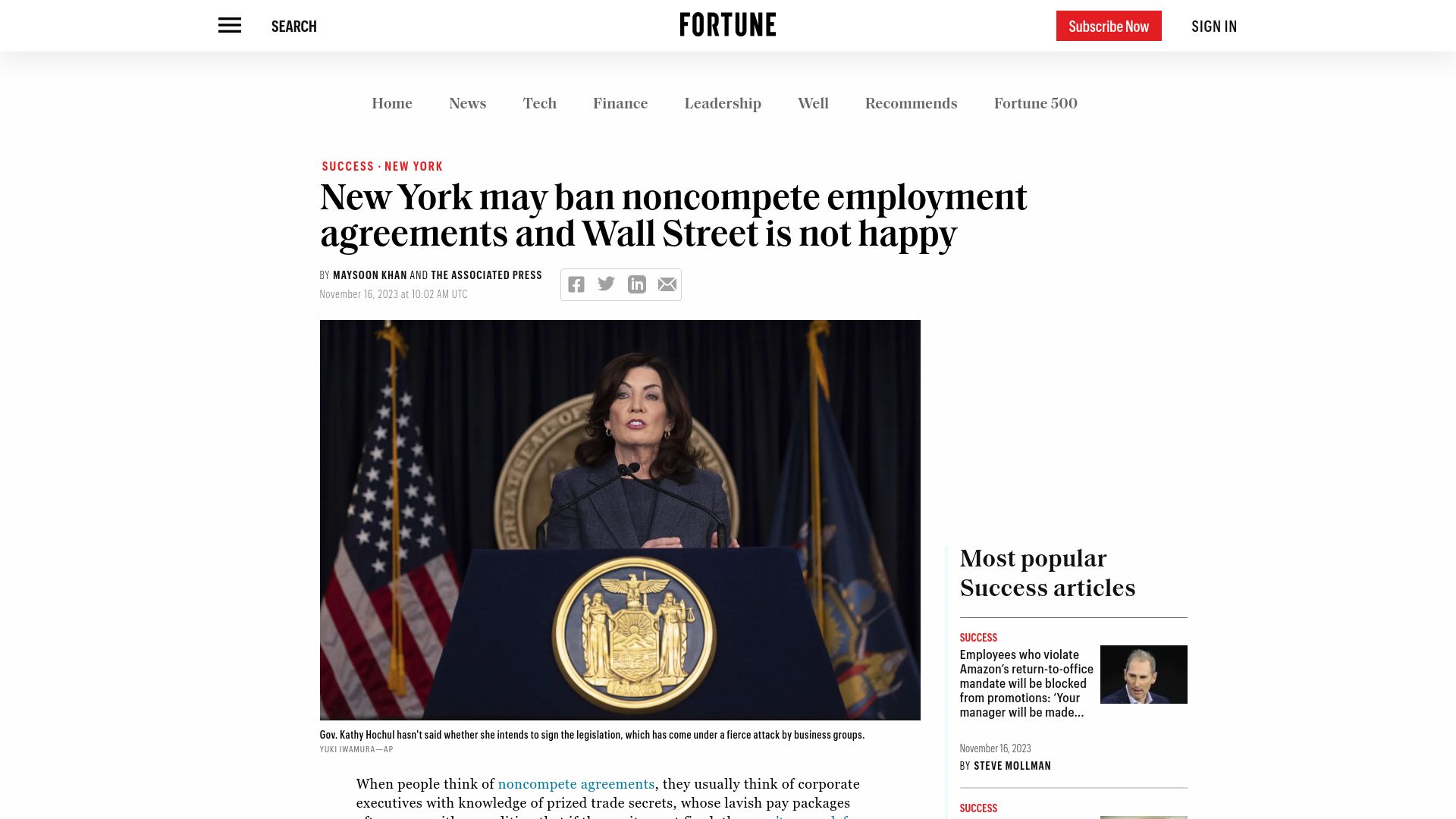 Screenshot of fortune.com: New York may ban noncompete employment agreements and Wall Street is not happy