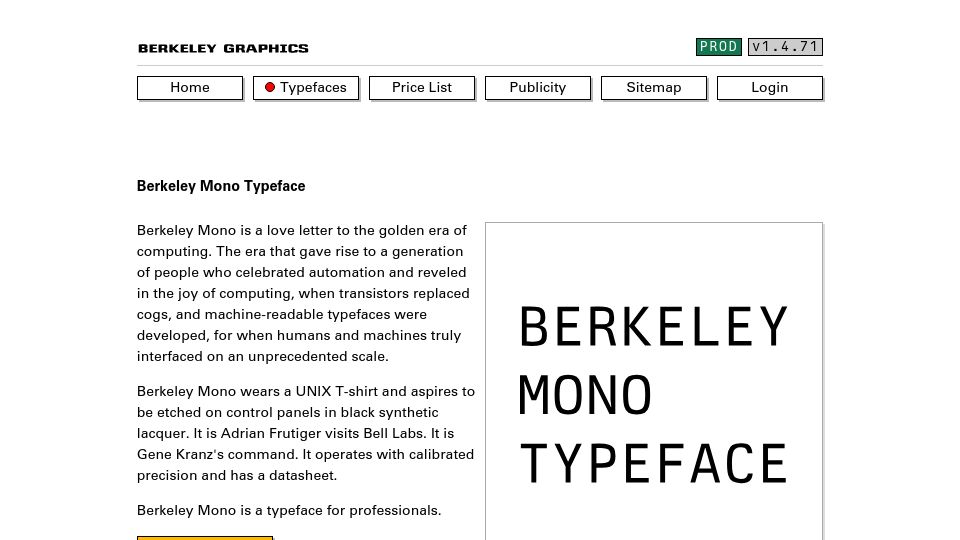 Screenshot of berkeleygraphics.com: Berkeley Mono Typeface