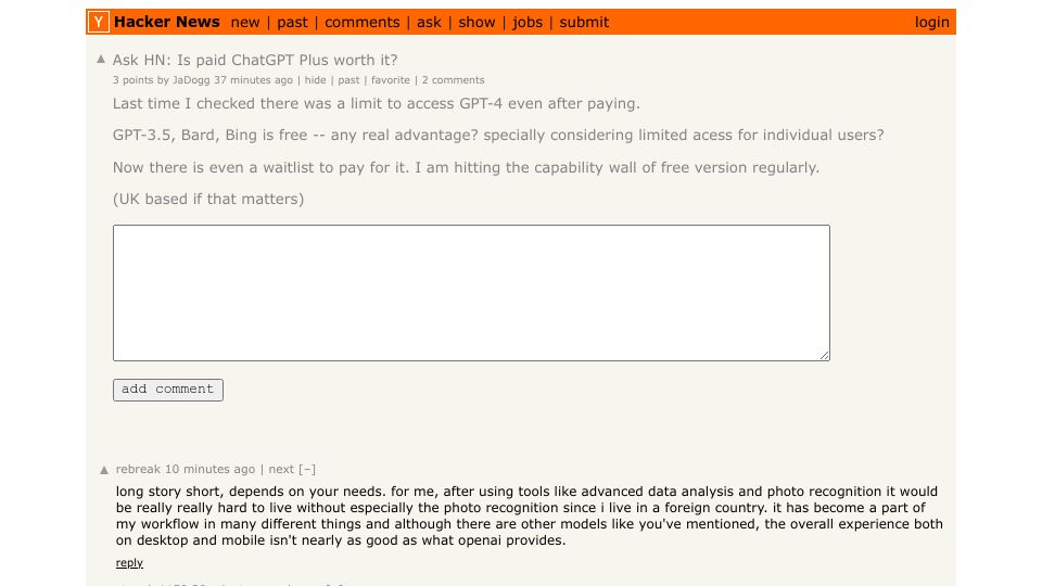 Screenshot of Hacker News post: Ask HN: Is paid ChatGPT Plus worth it?
