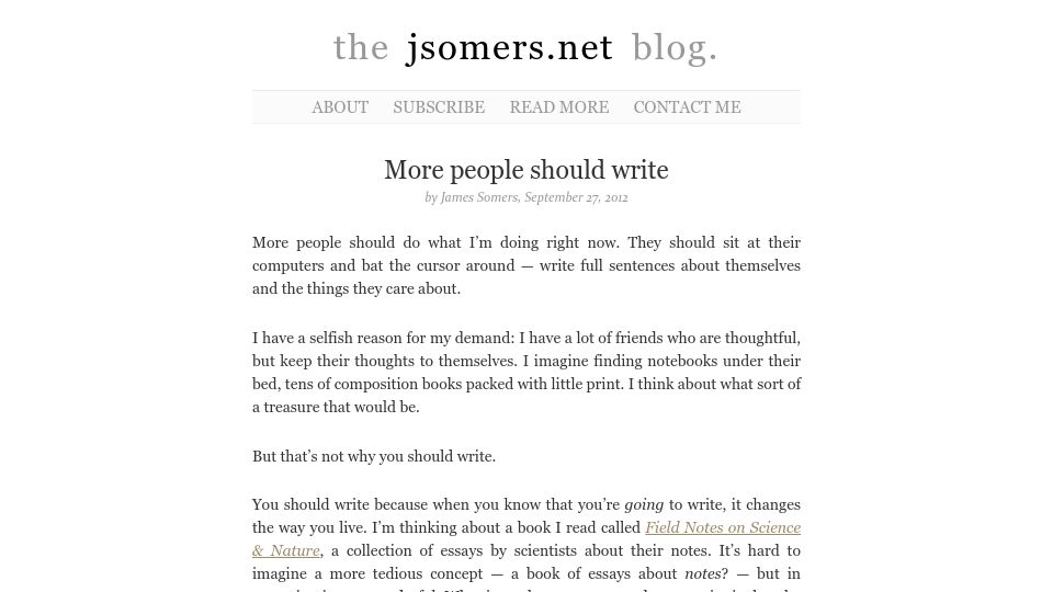 Screenshot of jsomers.net: More people should write (2012)