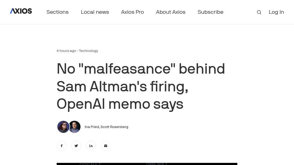 Screenshot of axios.com: No "malfeasance" behind Sam Altman's firing, OpenAI memo says
