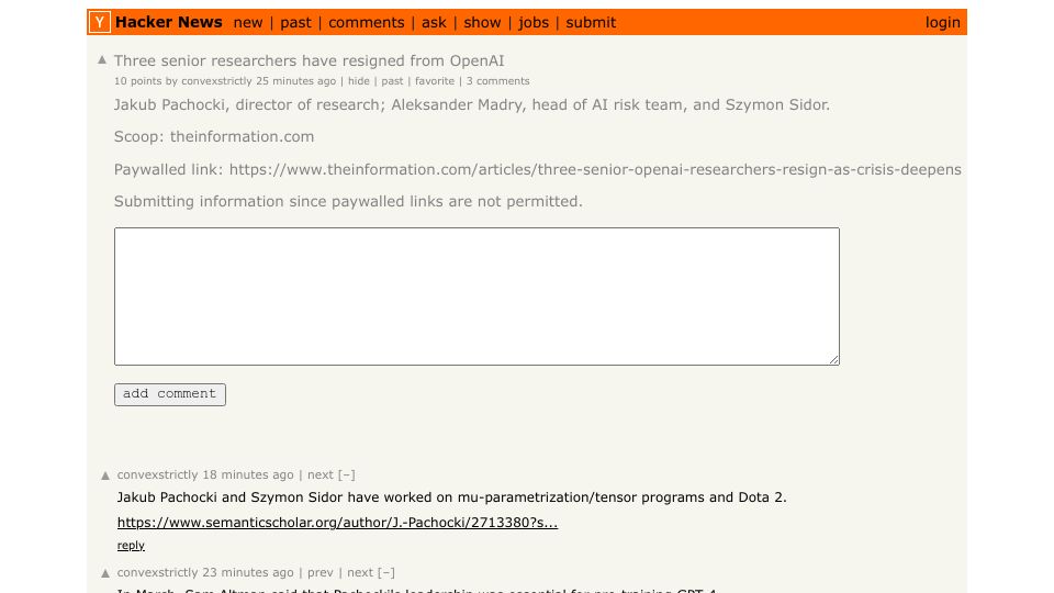 Screenshot of Hacker News post: Three senior researchers have resigned from OpenAI