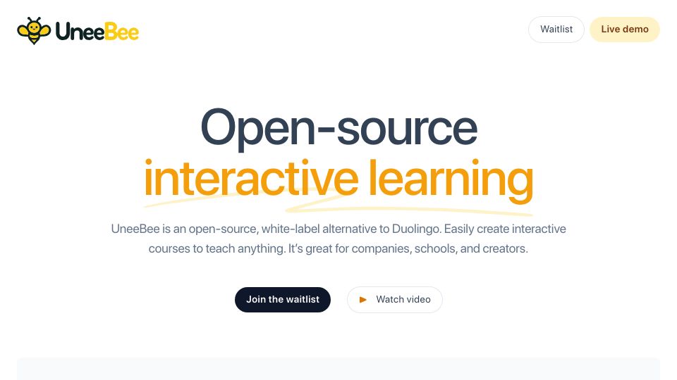 Screenshot of uneebee.com: Show HN: Open-source tool for creating courses like Duolingo