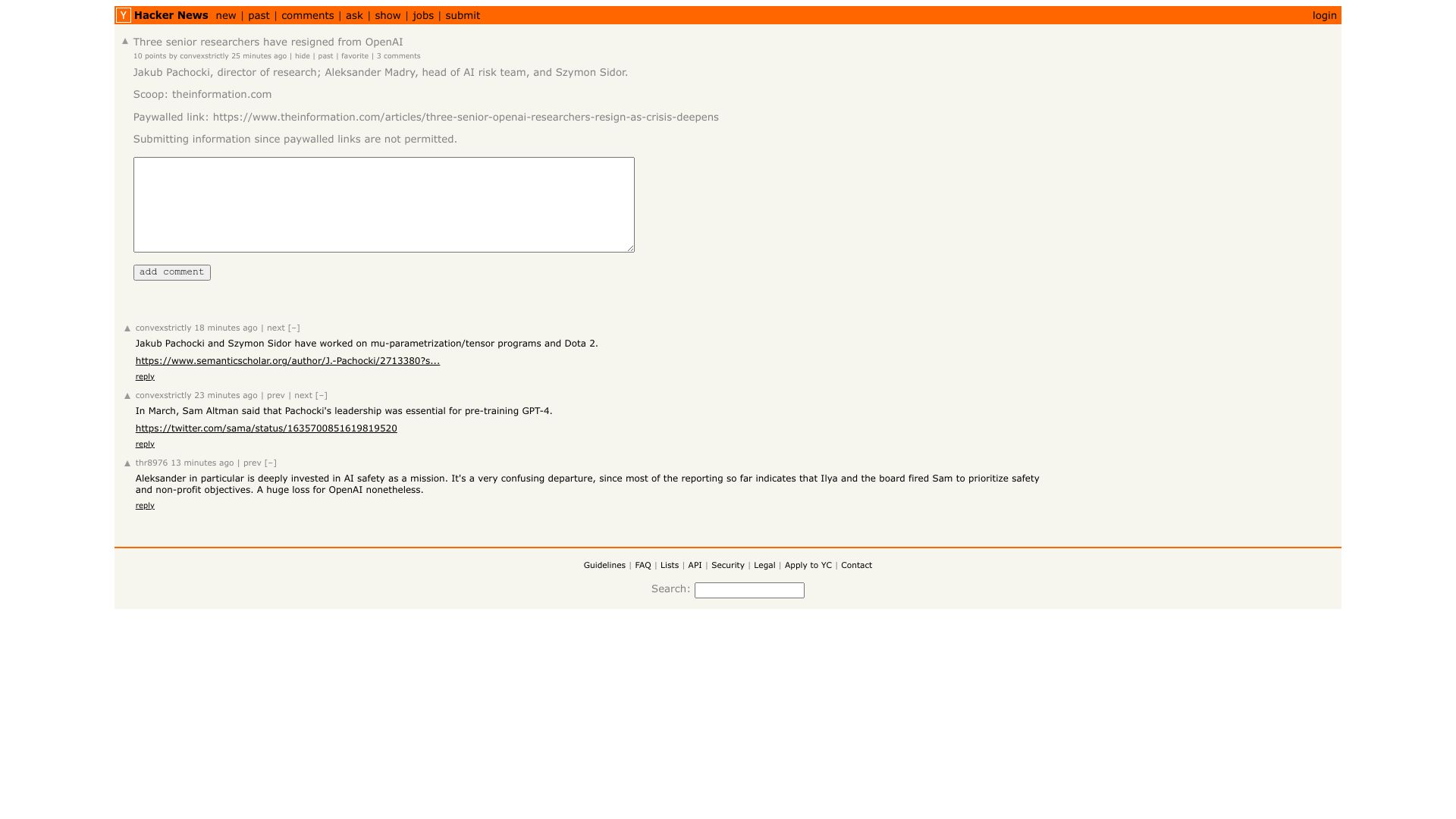 Screenshot of this Hacker News post: Three senior researchers have resigned from OpenAI