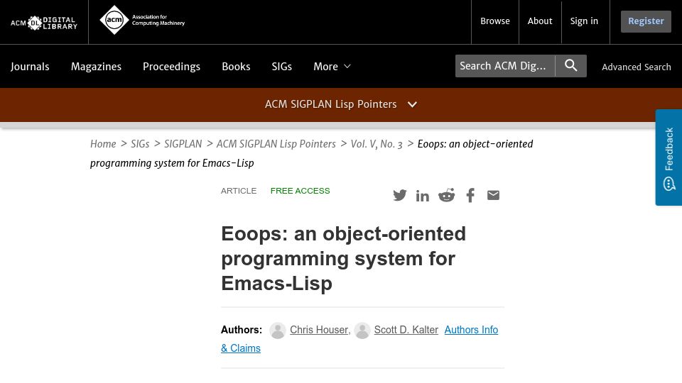 Screenshot of dl.acm.org: Eoops: An object-oriented programming system for Emacs-Lisp (1992)
