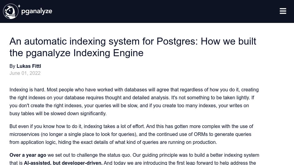 Screenshot of pganalyze.com: An automatic indexing system for Postgres