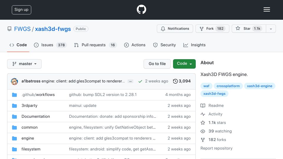 Screenshot of github.com: Xash3D: An open-source reimplementation of Half-Life