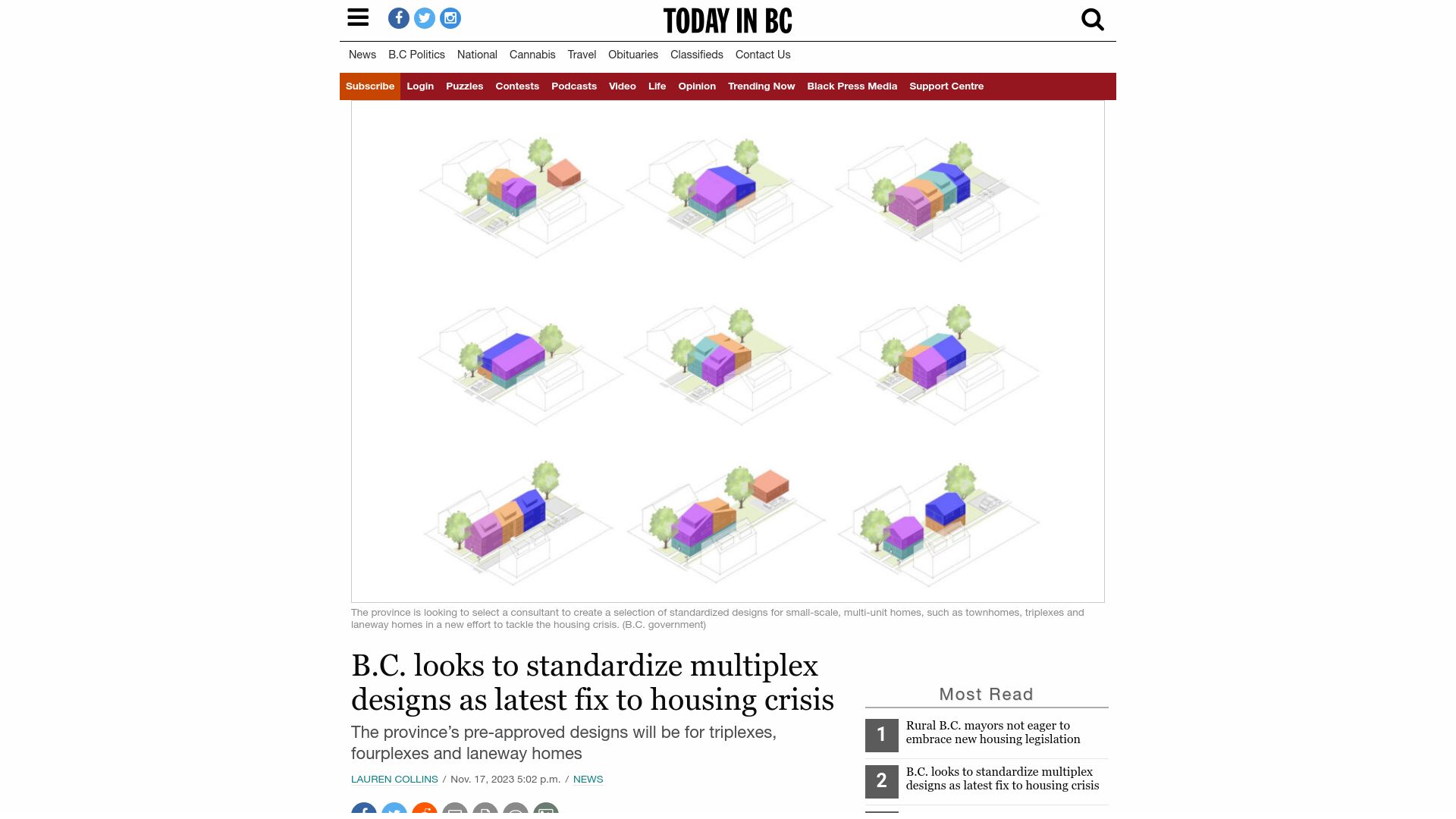Screenshot of todayinbc.com: B.C. looks to standardize multiplex designs as latest fix to housing crisis
