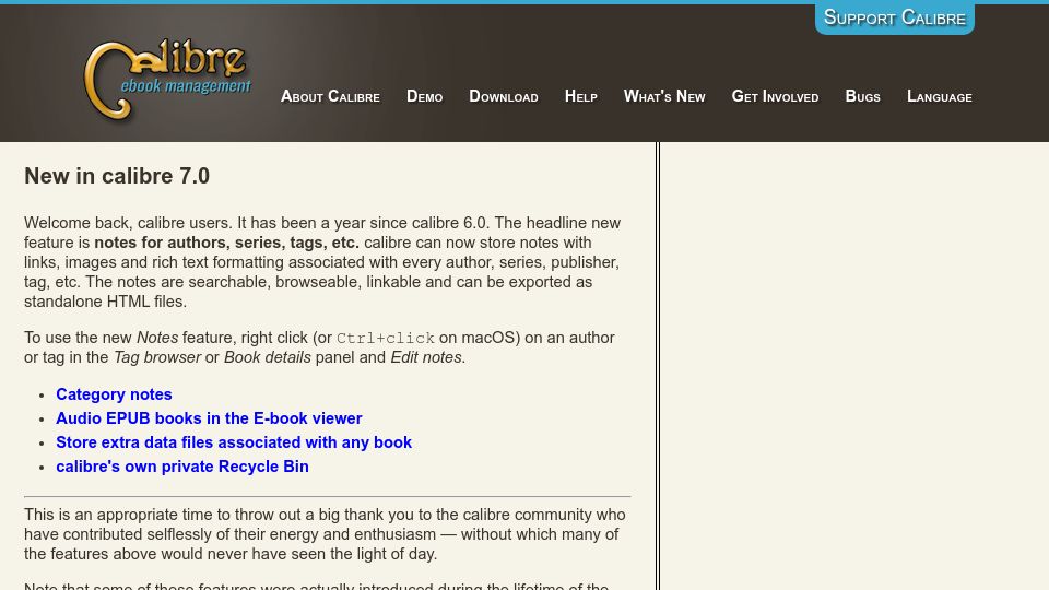 Screenshot of calibre-ebook.com: Calibre – New in Calibre 7.0