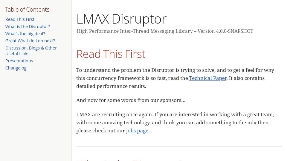 Screenshot of lmax-exchange.github.io: LMAX Disruptor – High Performance Inter-Thread Messaging Library